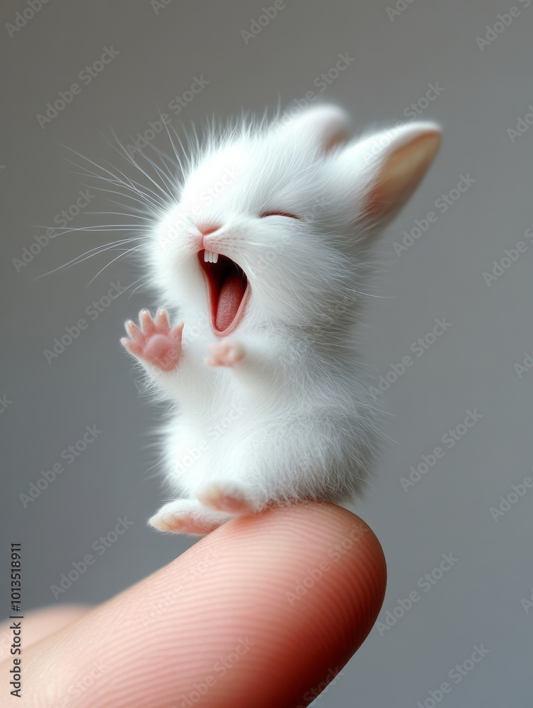 Adorable Tiny White Bunny Yawning on Finger Adorable Tiny White Bunny Yawning on Finger