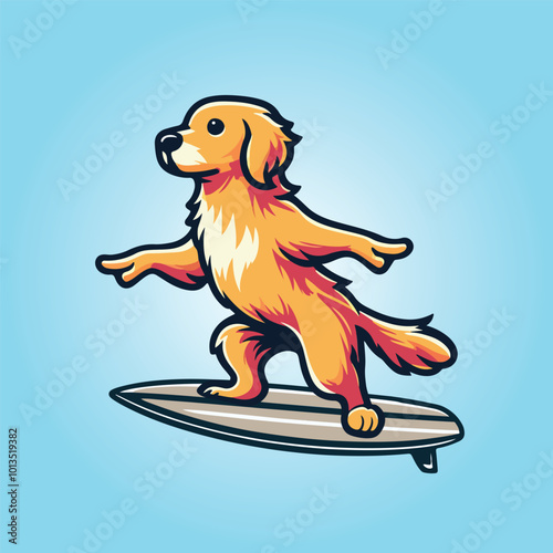 Golden Retriever Dog Surfing isolated, Dog Surfing vector illustration, Dog standing on surfing board clipart
