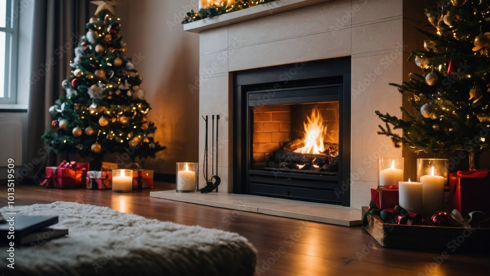 A delightful evening spent watching the flames flicker while admiring the Christmas tree's sparkle A delightful evening spent watching the flames flicker while admiring the Christmas tree's sparkle