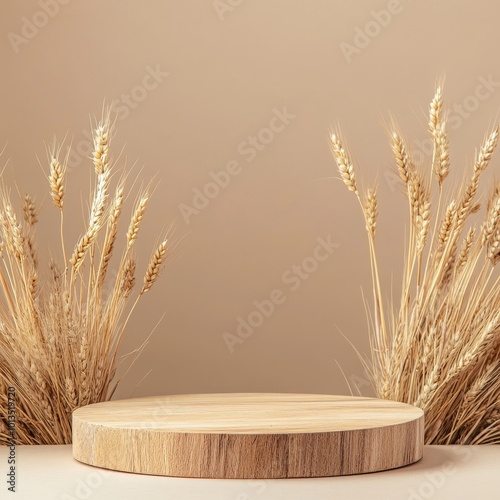 Wooden podium for product presentation with wheat ears on beige backgroundWooden podium for product display with wheat ears and text. 3d render photo