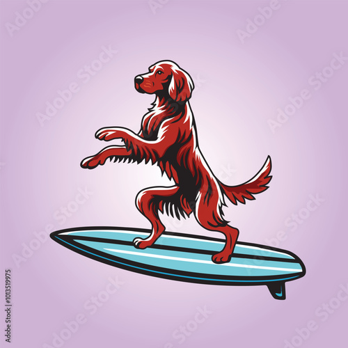 Irish Setter Dog Surfing isolated, Dog Surfing vector illustration, Dog standing on surfing board clipart
