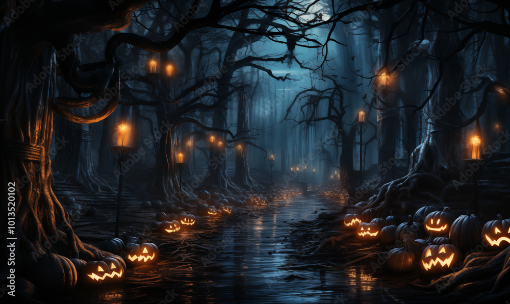 Naklejka premium A mysterious Halloween night deep in a dark, enchanted forest, where skull-shaped lanterns float in the air, casting a ghostly glow