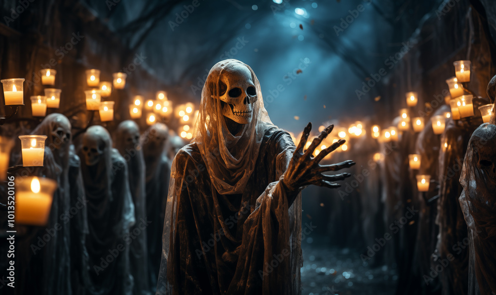 A mysterious Halloween night deep in a dark, enchanted forest, where skull-shaped lanterns float in the air, casting a ghostly glow