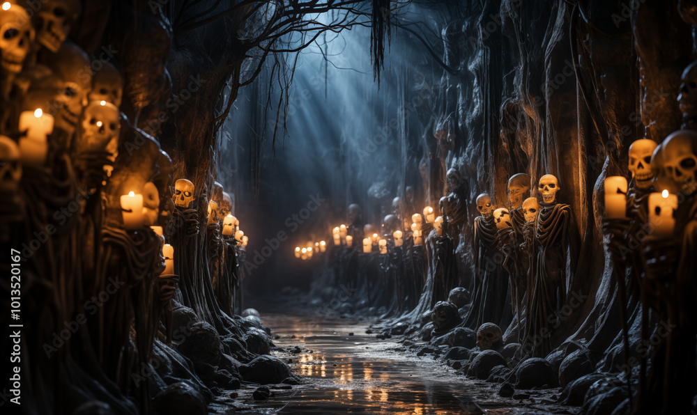 A mysterious Halloween night deep in a dark, enchanted forest, where skull-shaped lanterns float in the air, casting a ghostly glow A mysterious Halloween night deep in a dark, enchanted forest, where skull-shaped lanterns float in the air, casting a ghostly glow