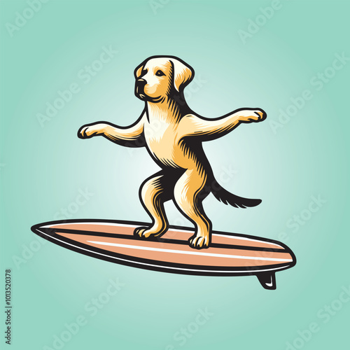 Labrador Retriever Dog Surfing isolated, Dog Surfing vector illustration, Dog standing on surfing board clipart
