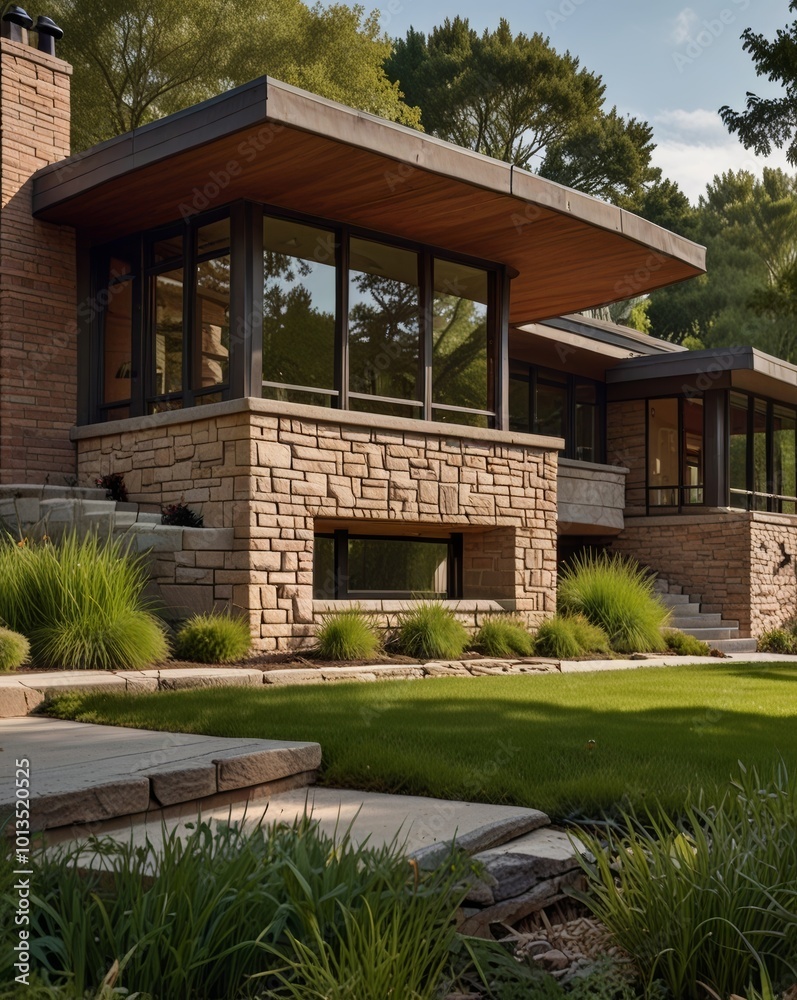 Contemporary home with large windows and flat roof blending into natural landscape Contemporary home with large windows and flat roof blending into natural landscape