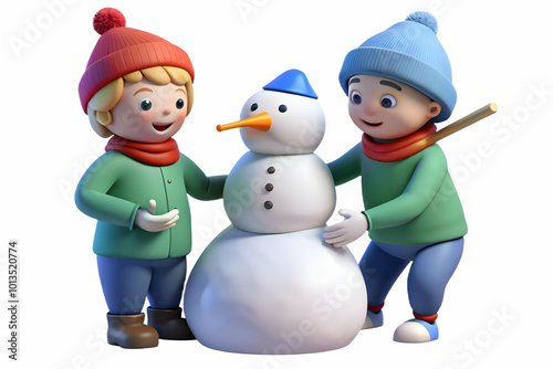 3D Illustration of Two Children Building a Snowman in a Playful Winter Scene - Heartwarming Candid Moment in Snowy Backyard with Close-Up on Joyful Faces