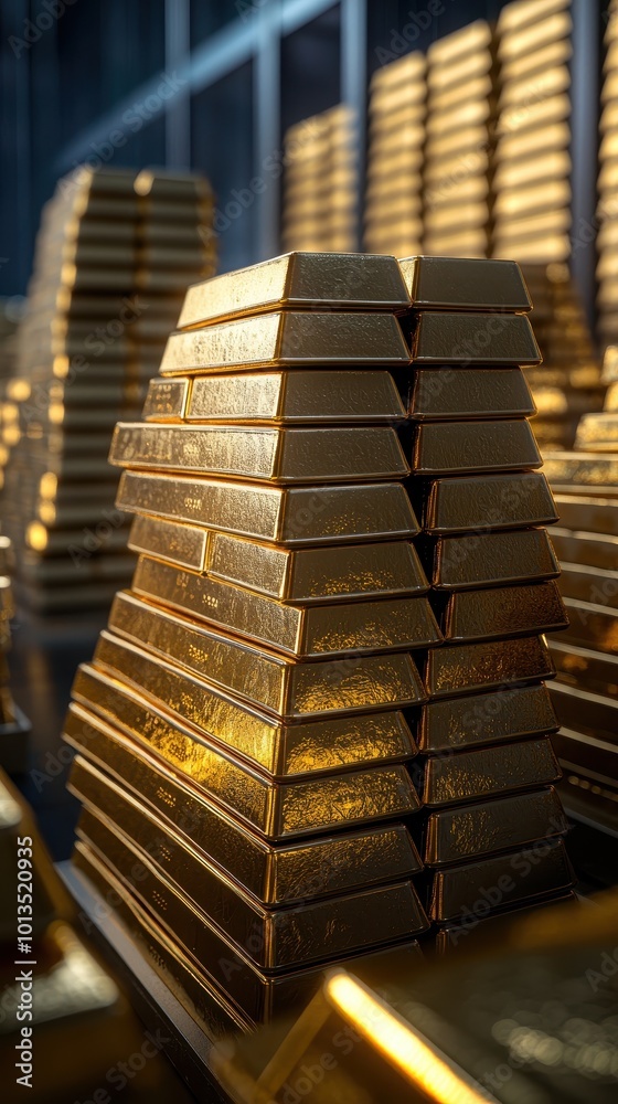 Stacked gold bars in a vault, gleaming and valuable, with a rich golden sheen. Stacked gold bars in a vault, gleaming and valuable, with a rich golden sheen.