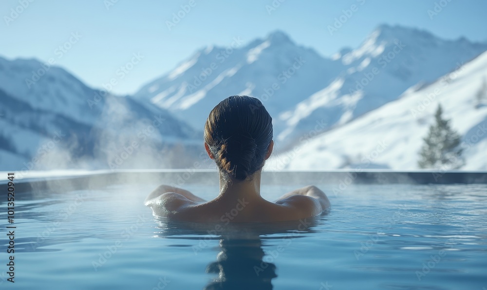 A woman enjoys a hot spring spa pool with a view of snowy mountains in the background. Generative AI A woman enjoys a hot spring spa pool with a view of snowy mountains in the background. Generative AI