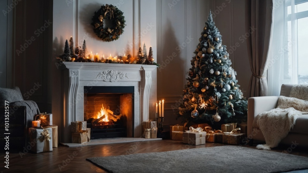 A serene escape featuring the comforting glow of a fire and the dazzling lights of a Christmas tree A serene escape featuring the comforting glow of a fire and the dazzling lights of a Christmas tree