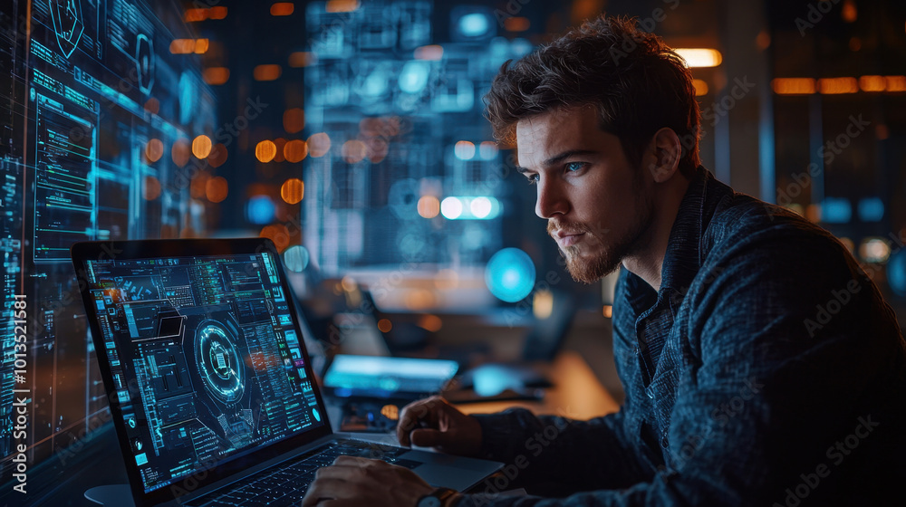 Internet security manager, In a contemporary co-working area, a cybersecurity expert examines network protocols on a laptop, with various tech devices scattered around, emphasizing Internet security manager, In a contemporary co-working area, a cybersecurity expert examines network protocols on a laptop, with various tech devices scattered around, emphasizing