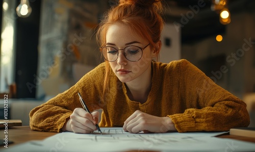 Professional female architect in work process. Drawing building design and preparing construction documents. Strong leader and talented woman with successful career in the maledominated, Generative AI photo