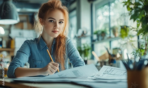 Professional female architect in work process. Drawing building design and preparing construction documents. Strong leader and talented woman with successful career in the maledominated, Generative AI photo