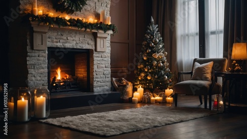 A tranquil escape featuring a warm fireplace and a sparkling Christmas tree to celebrate the season