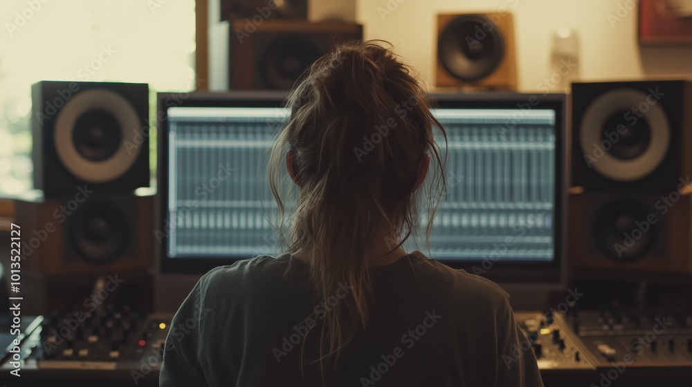 Caucasian Female Sound Designer Working in Bright Home Studio Caucasian Female Sound Designer Working in Bright Home Studio