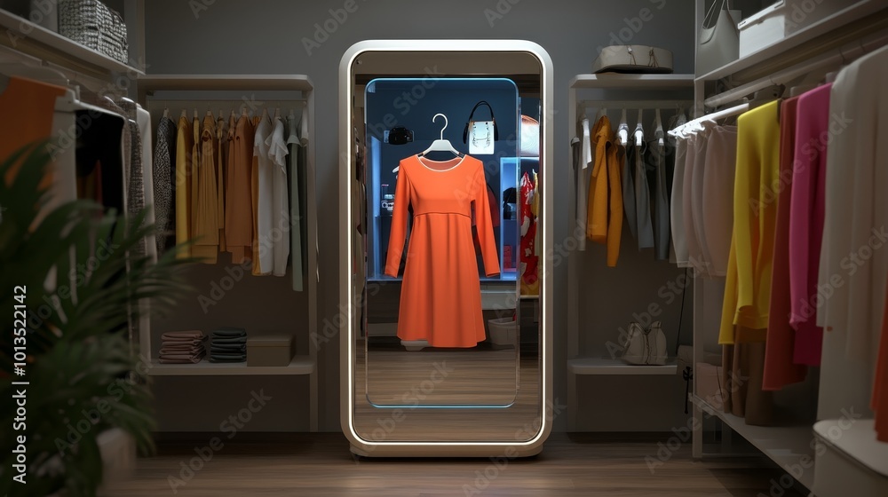 Smart mirror showcasing virtual outfits in a clothing store, enhancing shopping experience with innovative technology, interactive retail solution
