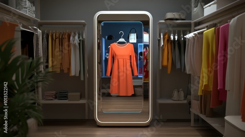 Obraz na płótnie Smart mirror showcasing virtual outfits in a clothing store, enhancing shopping experience with innovative technology, interactive retail solution w salonie