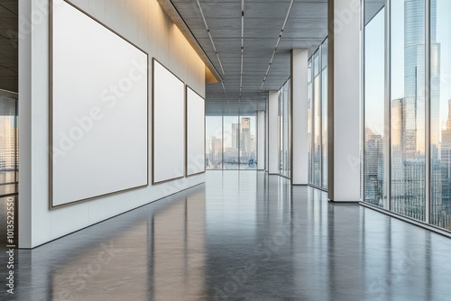 An empty modern office interior with a large blank billboard on the wall and floor-to-ceiling windows on the side. Generative AI