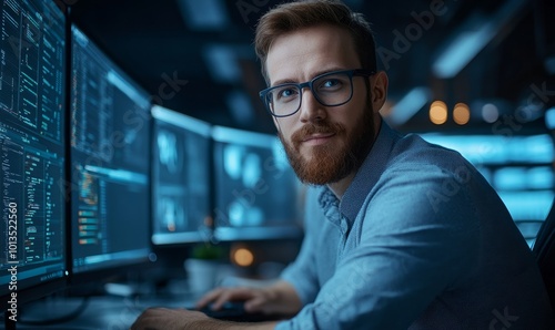 Confident Male Data Scientist Works on Personal Computer in Big Infrastructure Control and Monitoring Room with Neural Network. Young Engineer in an Office Room with