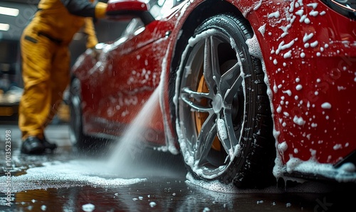 Automotive Detailer Washing Away Smart Soap and Foam with a Water High Pressure Washer. Close Up of a Red Performance Car Getting Care and Treatment at a Professional Vehicle Detailing photo