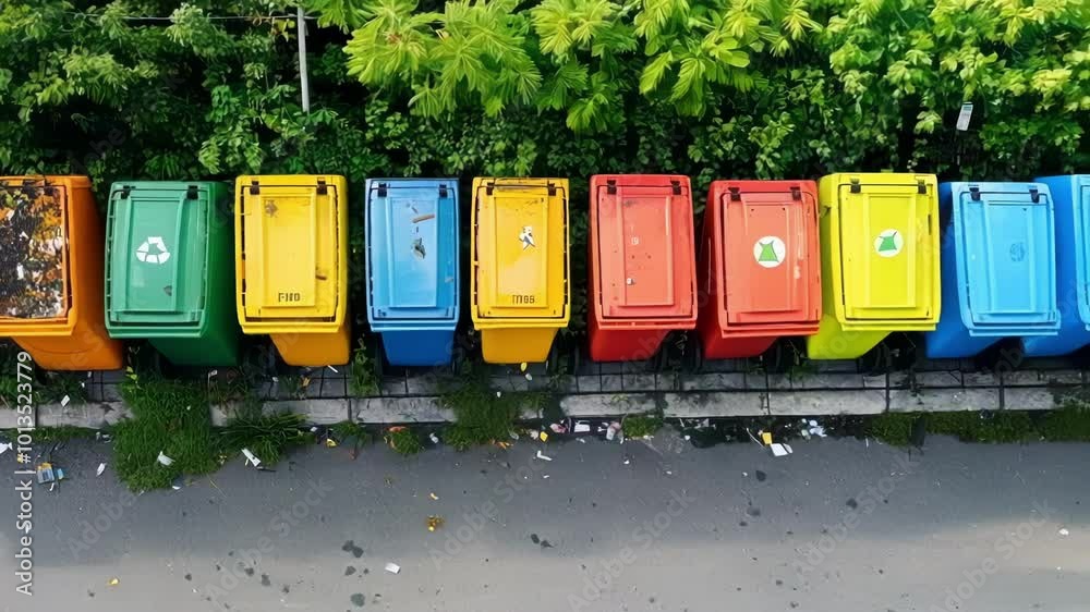 Different colored garbage bins standing in a row near a green area, promoting waste sorting and recycling for environmental sustainability