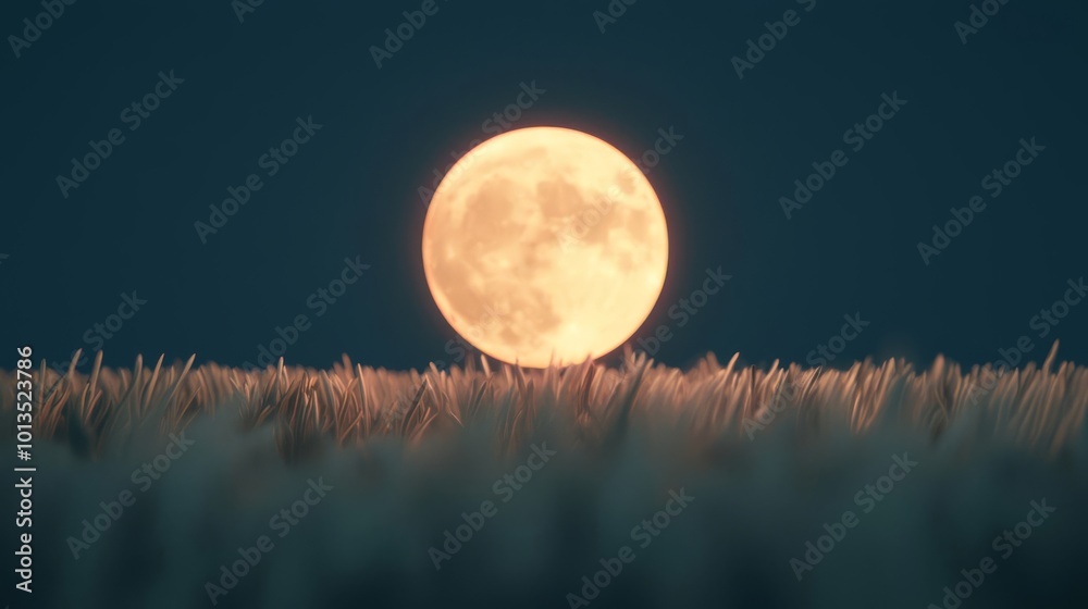 Fototapeta premium A luminous full moon rises over a serene field, casting a gentle glow on the landscape, creating a peaceful nighttime ambiance.