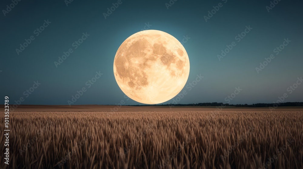 Fototapeta premium A majestic full moon rises over a tranquil wheat field under a clear night sky, casting a serene glow across the landscape.