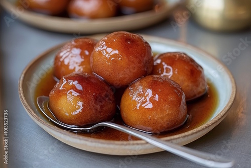 Gulab jamun in a traditional bowl with syrup, concept for Indian festivals like Diwali and Holi, showcasing rich syrupy desserts served during celebrations