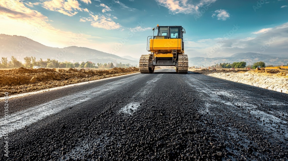 Massive Yellow Excavator Working on Mountain Road Construction Project Massive Yellow Excavator Working on Mountain Road Construction Project