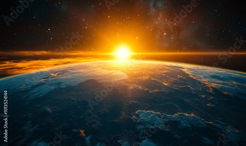 A breathtaking view of the sunrise as seen from the orbit of space, with the suns golden rays illuminating the curvature of the Earth against the vast, starstudded expanse of the, Generative AI photo