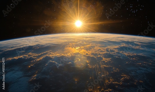 A breathtaking view of the sunrise as seen from the orbit of space, with the suns golden rays illuminating the curvature of the Earth against the vast, starstudded expanse of the, Generative AI photo