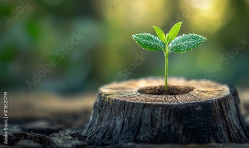 A young, vibrant tree sprouting from the center of an old, weathered tree stump, symbolizing resilience, rebirth, and the cyclical nature of life. Environmental conservation and, Generative AI