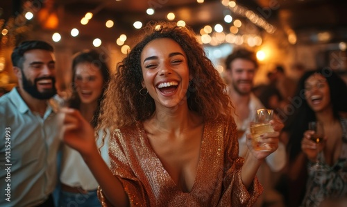 Beautiful Carefree Friends are Dancing Together and Celebrating an Evening Event at a Party . Diverse Multiethnic Young Adult People Have Fun at a Corporate Party in a