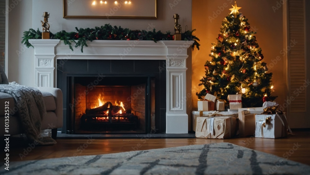 Soft shadows dance on the wall from the fire and the Christmas tree lights creating a magical ambiance Soft shadows dance on the wall from the fire and the Christmas tree lights creating a magical ambiance