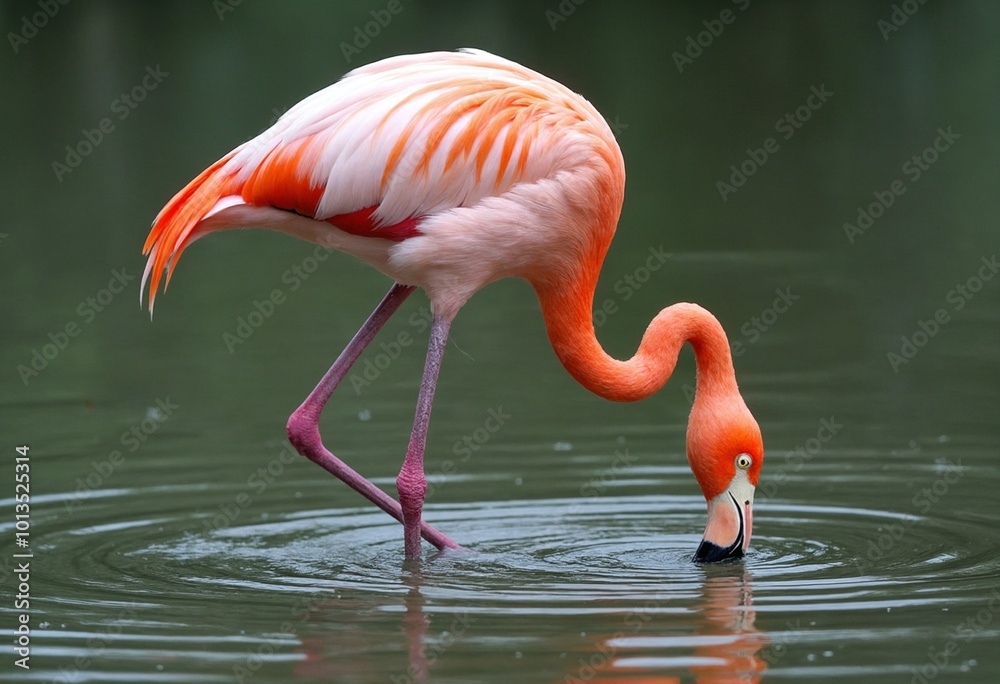 A pink flamingo wades in the water, bending neck and head to drink, while submerging legs A pink flamingo wades in the water, bending neck and head to drink, while submerging legs