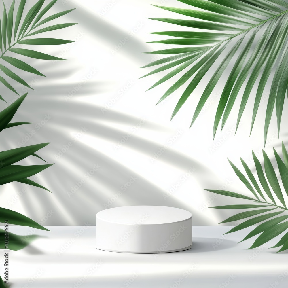 White round podium with palm leaves on white background. 3d render White round podium with palm leaves on white background. 3d render