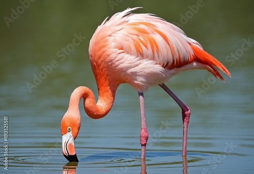 A pink flamingo wades in the water, bending neck and head to drink, while submerging legs photo