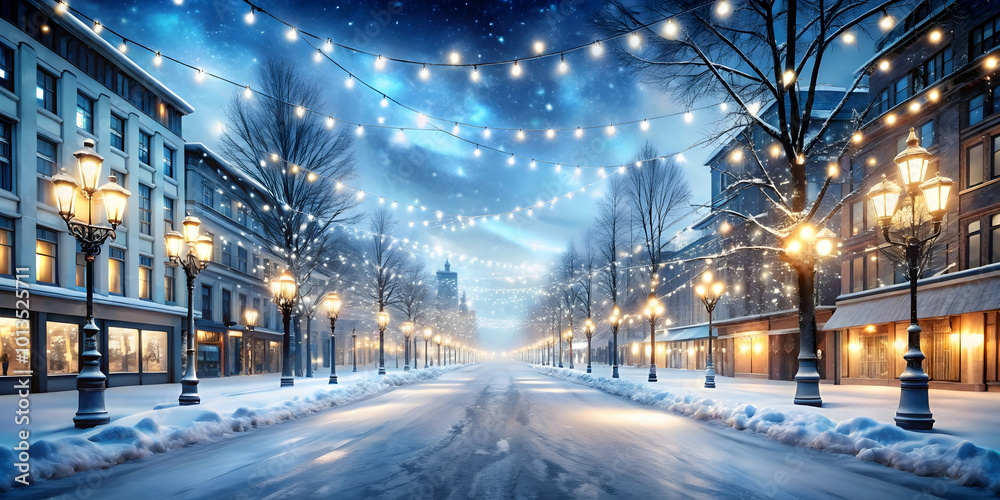 3D Glossy Ice Covered City Street with Twinkling Winter Lights and Clear Copy Space for Urban Festive Promotions 3D Glossy Ice Covered City Street with Twinkling Winter Lights and Clear Copy Space for Urban Festive Promotions