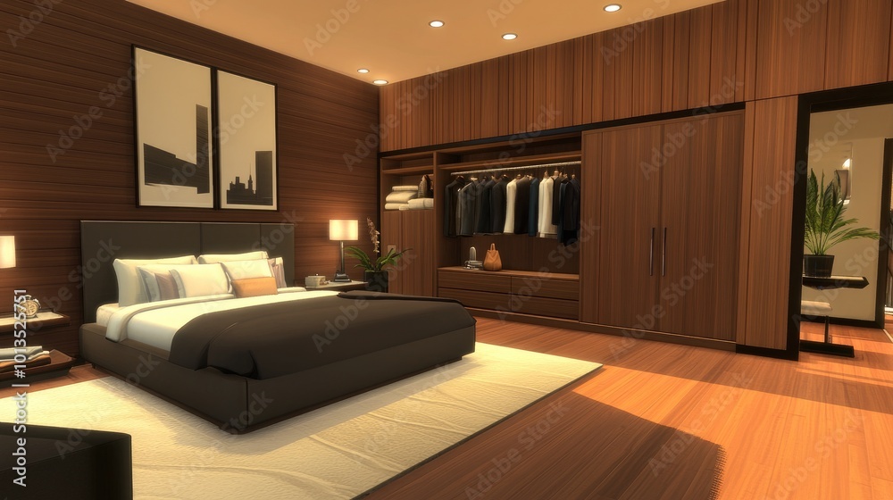 A contemporary bedroom featuring rich wooden flooring, a sleek wardrobe, and a clean, elegant entrance, offering a luxurious modern fee A contemporary bedroom featuring rich wooden flooring, a sleek wardrobe, and a clean, elegant entrance, offering a luxurious modern fee
