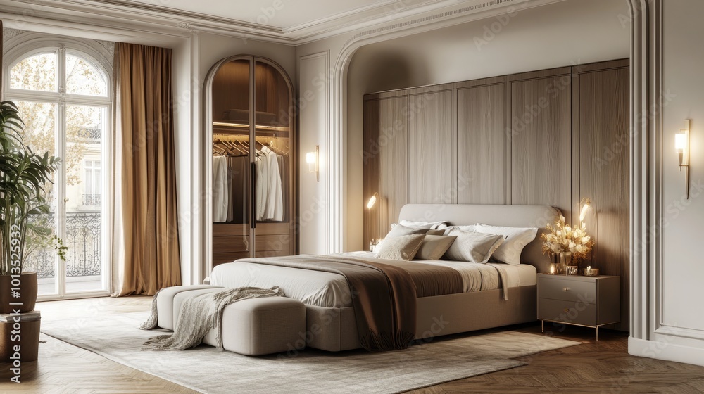 A luxurious bedroom interior with wooden floors, a sleek wardrobe, and an inviting entrance, blending modern elegance with a cozy atmosphere A luxurious bedroom interior with wooden floors, a sleek wardrobe, and an inviting entrance, blending modern elegance with a cozy atmosphere