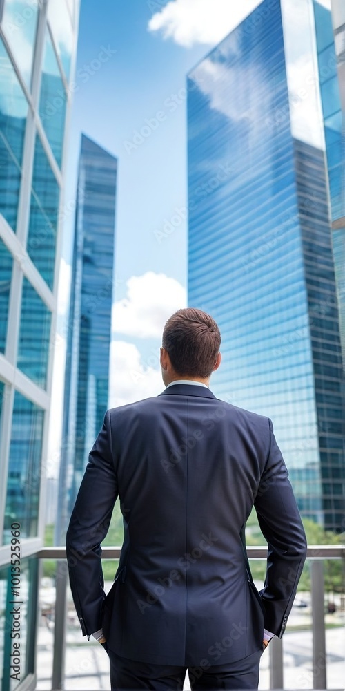 Vertical background. Back view of a successful standing against modern buildings background with copy space. Vertical background. Back view of a successful standing against modern buildings background with copy space.