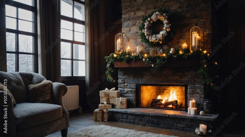 The gentle flicker of the fire provides warmth while the Christmas tree illuminates the room The gentle flicker of the fire provides warmth while the Christmas tree illuminates the room