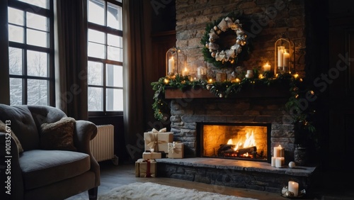 The gentle flicker of the fire provides warmth while the Christmas tree illuminates the room