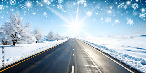 Glossy Ice-Covered Road in Snowy Landscape with Falling Snowflakes - Perfect Winter-Themed Photo Stock Concept with Ample Copy Space