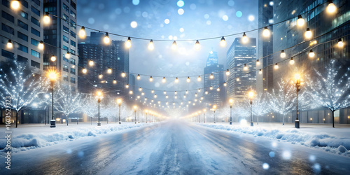 Flat Glossy Ice-Covered City Street with Twinkling Lights: Perfect Winter Background for Urban Promotions with Clear Copy Space