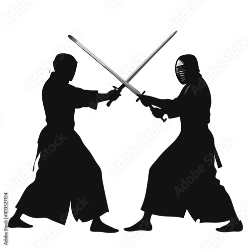 Iaido Duel: Silhouettes of two Kendo practitioners locked in intense combat, swords crossed, a powerful image of skill and discipline. 