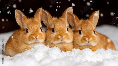 Three adorable rabbits resting in soft snow, surrounded by a winter wonderland. photo