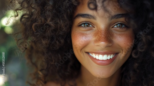 A close-up portrait of a young woman with curly hair, freckled skin, and a bright smile.