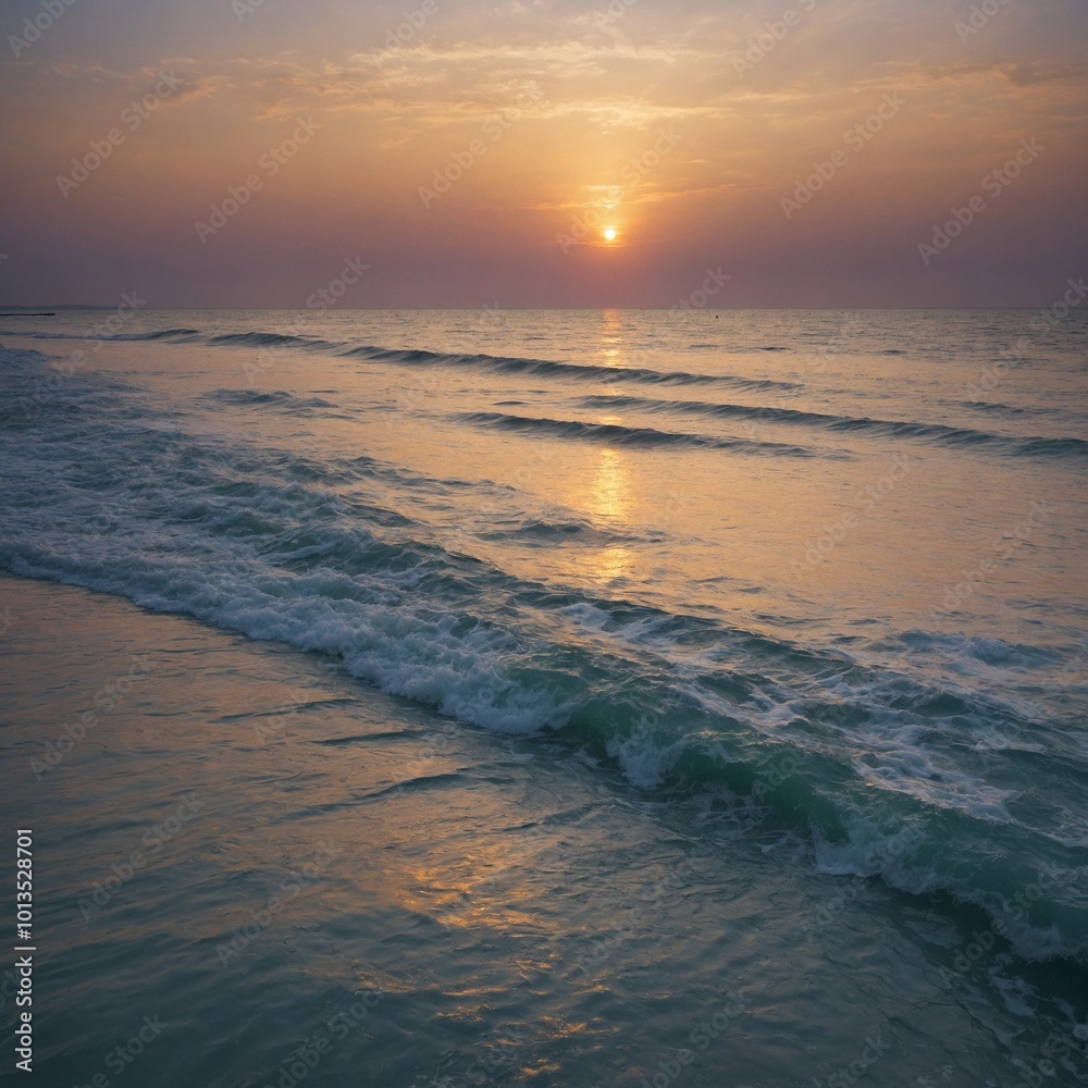Sunset over ocean, with gentle waves lapping at sandy shore. Sky filled with warm hues of orange and pink, reflecting on calm waters. Horizon dotted with distant islands or landmasses, creating Sunset over ocean, with gentle waves lapping at sandy shore. Sky filled with warm hues of orange and pink, reflecting on calm waters. Horizon dotted with distant islands or landmasses, creating