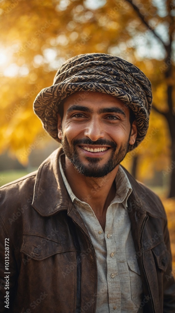 Middle-aged Middle Eastern man with thick beard, wearing knit hat and brown jacket, smiling in outdoor autumn setting Middle-aged Middle Eastern man with thick beard, wearing knit hat and brown jacket, smiling in outdoor autumn setting